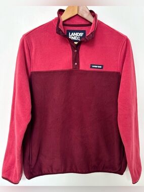 Lands’ End Fleece Pullover Snap Neck Colorblock Pink Burgundy Women’s M